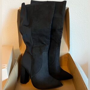 Black wide calf heeled boots